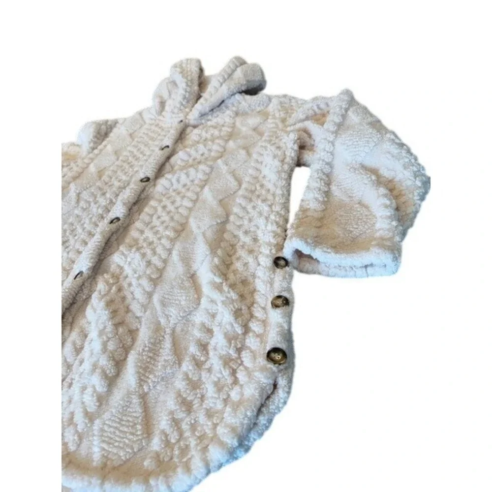 Womens XL Sherpa Fleece Hooded Jacket Cable Knit Textured Cream Cozy Cardigan